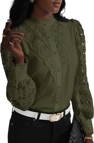 Vista 16 de Rooscier Blusa Elegante de Encaje de Crochet con Cuello Alto Simulado de Manga Larga con Botones para Mujer Top