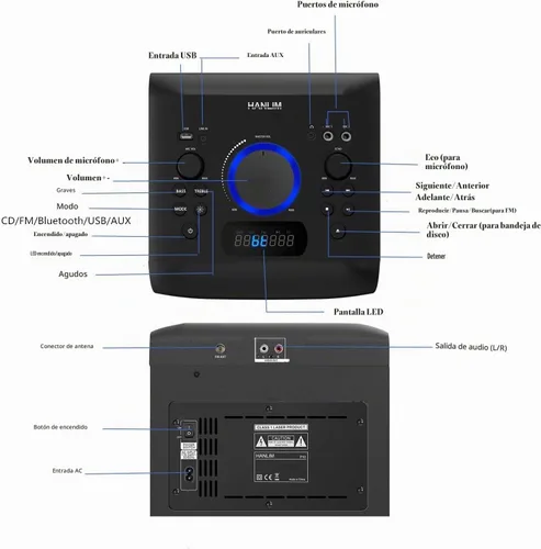 Vista 6 de Sistema estéreo para el hogar de 100 W con reproductor de CD, radio FM, Bluetooth, entrada AUX/USB, función de karaoke, conector para auriculares