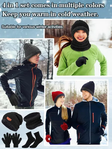 Vista 7 de Juego de 96 gorros de invierno a granel, bufanda, guantes y calcetines, gorro de punto con forro polar de invierno, gorro de punto holgado, gorro