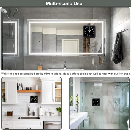 Vista 5 de Reloj de pared impermeable para baño, reloj de pared negro para interiores con ventosa, movimiento de cuarzo, marco de plástico, opción flexible