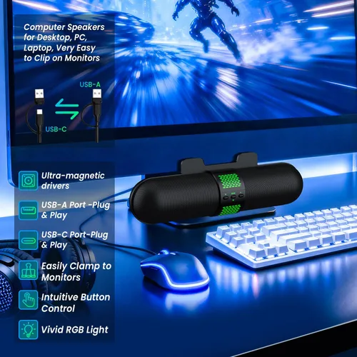 Vista 6 de BESTISAN Altavoz para computadora, conexión Bluetooth 5.3/USB con cable A/C, 6 modos de luz RGB, barra de sonido