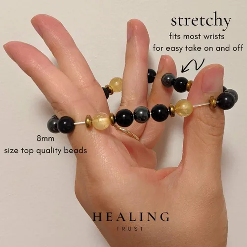 Vista 5 de Confianza curativa Pulsera de citrino, pulsera de hematita de obsidiana negra, joyería de cristal de citrino, pulsera de riqueza de obsidiana negra