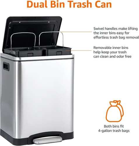 Vista 2 de Amazon Basics - Papelera doble de 30L con pedal de cierre suave - 2 contenedores de 15 litros, acero inoxidable, contenedores internos pequeños