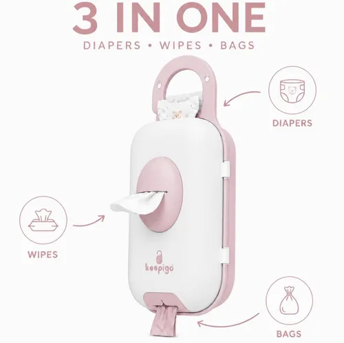 Vista 2 de Dispensador de toallitas para pañales rosa bebé Organizador portátil 3 en 1 para pañales, soporte para toallitas para bebés con bolsas desechables