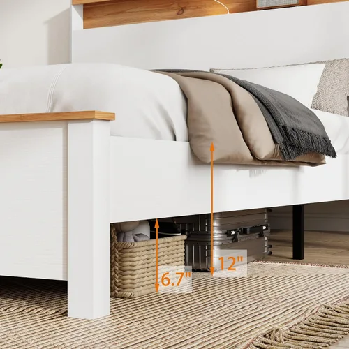 Vista 7 de Base de cama de madera de tamaño matrimonial, cama de plataforma de madera de pino maciza de color blanco con cabecero, 450 libras, resistente,