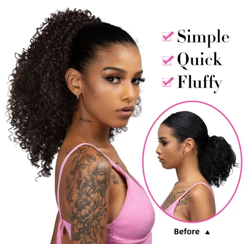 Vista 5 de Extensiones de cabello con cordón en forma de cola de caballo rizada para mujeres negras de 16 pulgadas de largo, peluca sintética afro esponjosa