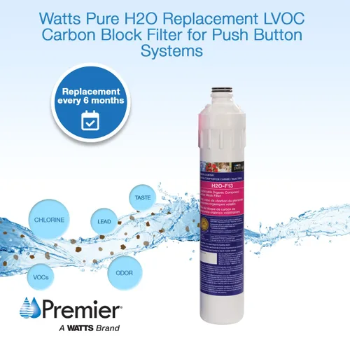 Vista 2 de Watts Premier H2O-F13 Cartucho de filtro de carbón de bloque LVOC Pure H2O de repuesto para sistemas de filtración de agua bajo encimera