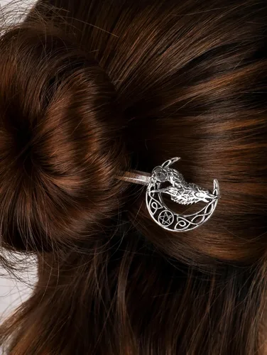 Vista 4 de HAQUIL Wolf Crescent Moon - Palo de pelo para mujeres y hombres, horquilla gótica punk con diseño vikingo para hombres y mujeres, joyería de regalo