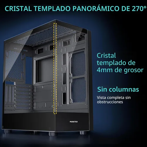 Vista 2 de MUSETEX Chasis para PC ATX 6 Ventiladores PWM ARGB Preinstalados, Chasis de Computadora Mid Tower de Tipo-C con Vidrio Templado Dual de Vista