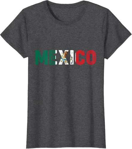 Vista 3 de Camiseta con texto en inglés «Mexico Vintage Letras» como bandera mexicana, Negro