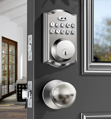 Vista 9 de Cerradura de puerta de entrada sin llave con 2 perillas, cerrojo electrónico retroiluminado con asa, bloqueo automático, códigos únicos, cerrojo