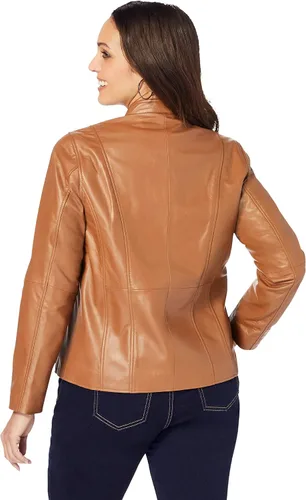 Vista 3 de Jessica London Chaqueta de cuero con cremallera frontal para mujer