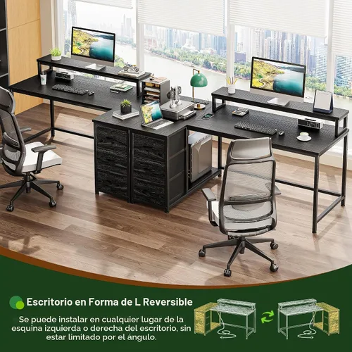 Vista 8 de EnHomee Escritorio para juegos en forma de L con luces LED y toma de corriente, escritorio de computadora de 40 pulgadas con cajones, escritorio