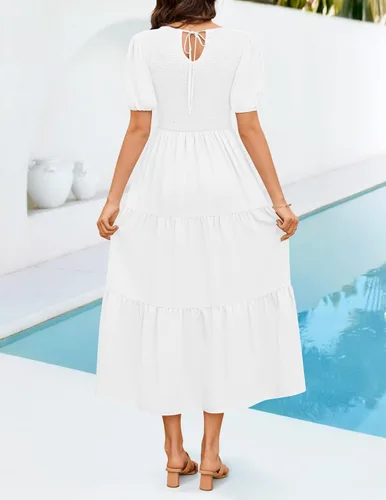 Vista 3 de ZESICA Vestido midi casual de verano para mujer, cuello redondo, manga corta abombada, cintura alta, volantes, escalonado, acampanado, para mujer