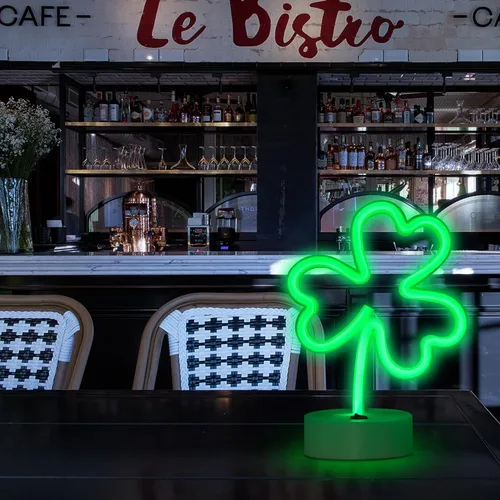 Vista 8 de ENUOLI Letreros de neón LED con forma de trébol, luces decorativas verdes, funciona con USB/batería, luces de decoración con base, letrero de neón