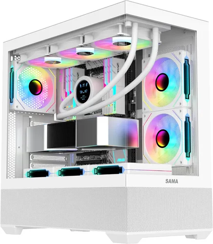 Vista 24 de SAMA V40 Mid Tower ATX Chasis – 6 × 120mm Ventiladores ARGB PWM Pre-Instalados, Paneles de Vidrio Templado Dual, Flujo de Aire Vertical, Diseño