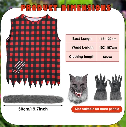 Vista 2 de Paquete de 6 disfraces de hombre lobo de Halloween para adultos, sin mangas, capucha de hombre lobo, guantes de lobo, cola y pierna, colmillos