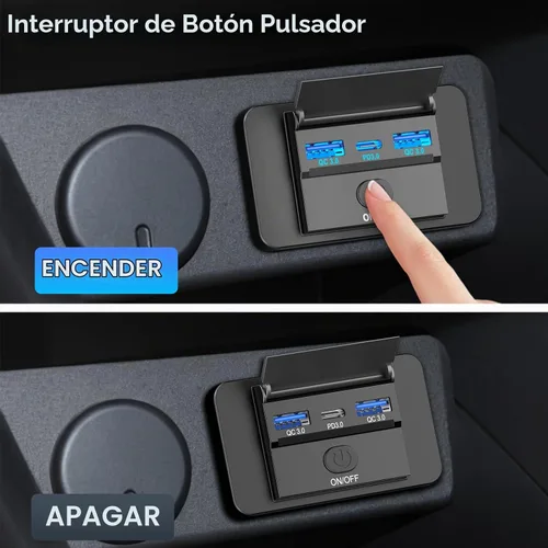 Vista 4 de 72W 12V Panel de salida USB de montaje en pared, cargador de puerto USB de coche de 36W USB C y doble QC 3.0 de 18W con interruptor de botón, salida