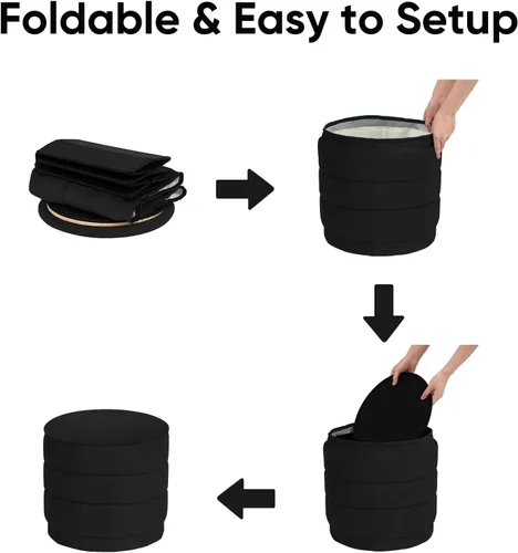 Vista 6 de Otomana redonda de terciopelo de 15.4 pulgadas con tapa reversible, reposapiés otomano circular tapizado con almacenamiento oculto, reposapiés Negro