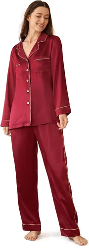 Vista 10 de LilySilk Pijama de seda para mujer, con ribete dorado, 100% seda, lavable Verde aguacate