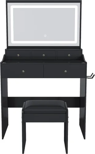 Vista 9 de Escritorio de tocador con espejo de luz LED, mesa de tocador de maquillaje con taburete, 5 cajones, soporte para secador de pelo, toma de corriente