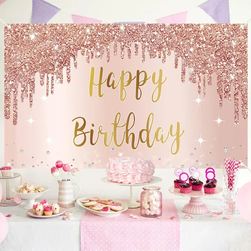 Vista 4 de Cartel de feliz cumpleaños de oro rosa y decoraciones de fondo para niñas y mujeres, suministros de letrero de fiesta temática rosa, gran póster