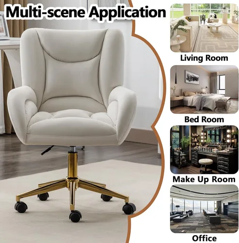 Vista 7 de Bonita silla de tocador con respaldo para dormitorio, silla de oficina de terciopelo blanco, cómoda para oficina, altura ajustable, giratoria de 360