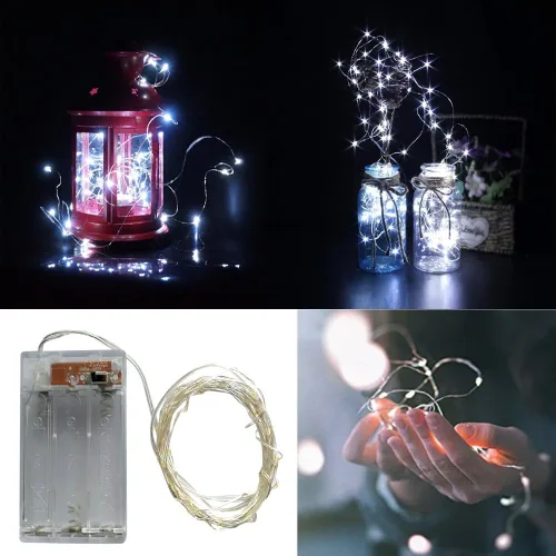 Vista 3 de bxroiu 2 x 20 LEDs cadena de luces funciona con pilas 2 programa, 6.5ft alambre de plata cadena de luces para recámara fiestas de Navidad