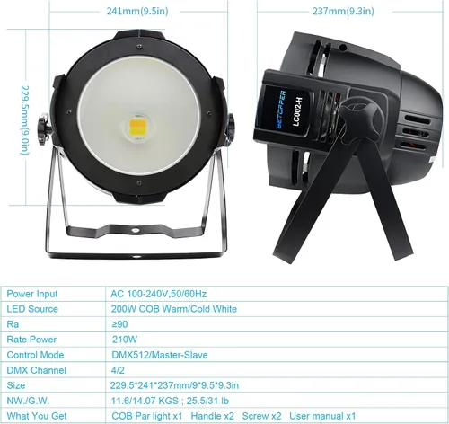 Vista 8 de BETOPPER Luces de escenario, focos LED COB de 200 W, luz par LED blanca cálida y fría, luces DMX/maestro-esclavo, iluminación de foco/Fresnel