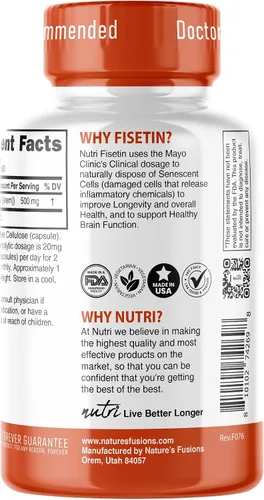 Vista 4 de Nutri Fisetin 500 mg 60 unidades - Dosis clínica - Suplementos de fisetina - Potente activador senolítico, antioxidante, soporte para el corazón