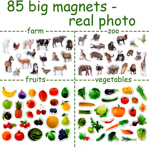 Vista 3 de Imanes de nevera para niños pequeños – magdum – Juego de 85 juegos zoológico + granja + fruta + verdura – Animales magnéticos reales