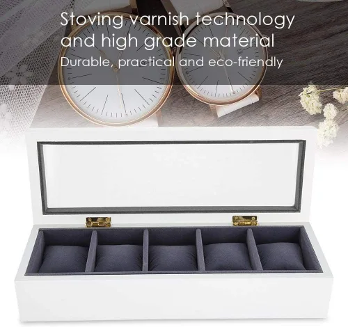 Vista 5 de Vitrina de reloj blanca, organizador de caja de reloj para hombres, vitrina de caja de reloj, caja de almacenamiento de vidrio con 5 ranuras