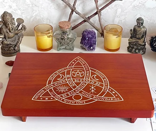 Vista 7 de Mesa de altar, mesa de meditación, mesa de altar pequeña, altar de bruja de madera, mesa de altar wiccana, santuario budista, pentáculo de bruja