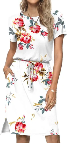 Vista 2 de JeashCHAT Womens Summer Mini Dresses Floral Printed Short Sleeve Sundress Casual Beach Dresses with Pockets