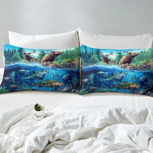 Vista 5 de Juego de sábanas bajeras de alce salvaje, tamaño individual, juego de ropa de cama rústica de pino de pesca con peces de Basa, decoración