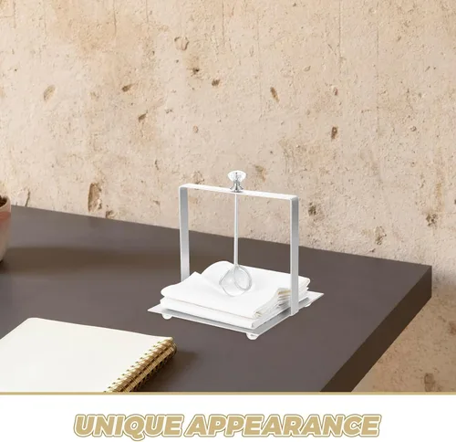 Vista 9 de Amosfun Farmhouse Flat Napkin Holder with Weighted Arm, Metal Paper Towel Stand for Kitchen and Dining Tabletop, Silver Square Tissue Organizer for