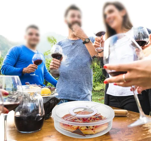 Vista 7 de BTSKY Recipiente de plástico transparente para pizza con tapa y asa, contenedor redondo de 12 pulgadas para tartas con tapa, contenedor