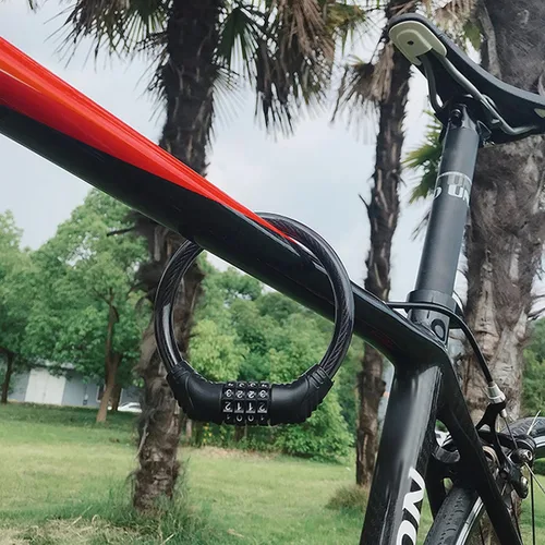 Vista 7 de Cable de bloqueo de bicicleta, cerradura de combinación de seguridad de 4 dígitos reiniciable, cadena de bloqueo de bicicleta antirrobo resistente