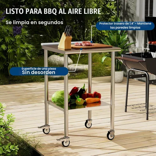 Vista 7 de Mesa de trabajo de acero inoxidable con ruedas, 24x24 pulgadas, mesa de preparación de alimentos NSF con salpicadero y estante inferior ajustable