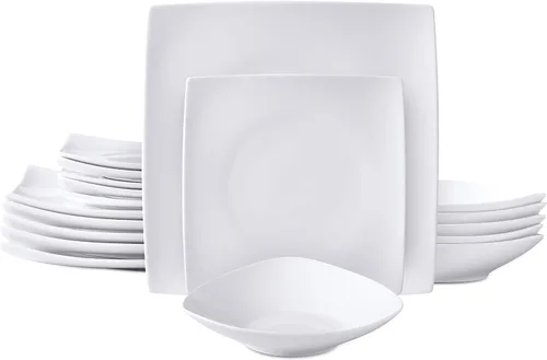 Vista 9 de Bone China - Juego de vajilla cuadrada de 16 piezas, color blanco Cuadrado blanco