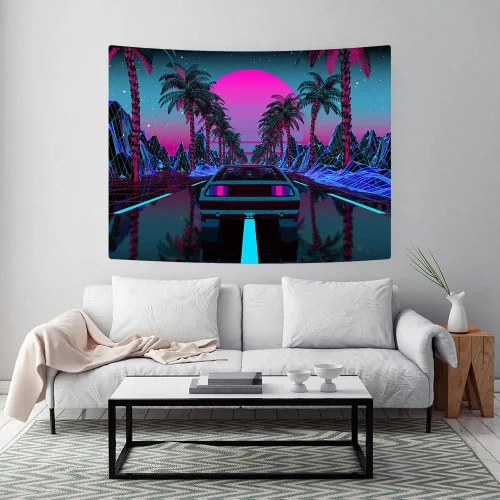 Vista 3 de Ine Ive Tapiz de coche de los años 80, escena urbana de la calle, palmeras, puesta de sol, cielo estrellado, tapiz de pared punk, 40 x 30 pulgadas