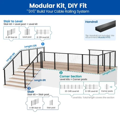 Vista 3 de Muzata Kit de barandilla de cable modular negro de 4 a 8 pies, kit de postes de 42 pulgadas, juego completo de sistema de barandilla de cable