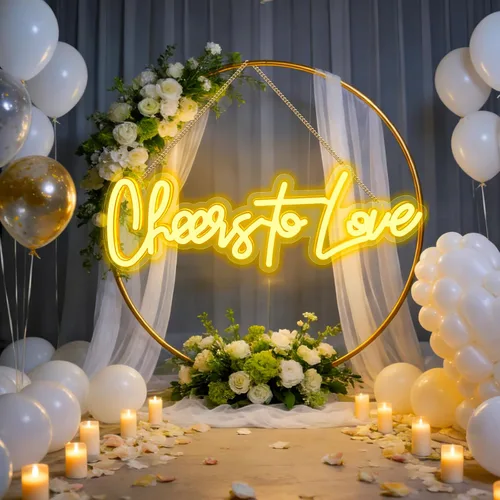 Vista 4 de Letrero de neón grande con texto en inglés "Cheers to Love", letrero de neón con interruptor de atenuación, letrero LED reutilizable para telón
