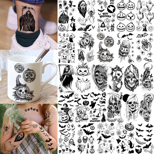 Vista 3 de 52 hojas de tatuajes temporales de Halloween para niños, niñas, mujeres, hombres, adultos, 3D de cara aterradora, calavera, tatuajes falsos