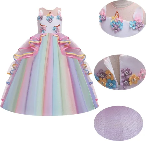 Vista 3 de Disfraz de unicornio para niñas, vestido largo de tul para Halloween, princesa, cumpleaños, concurso, boda, fiesta de Navidad