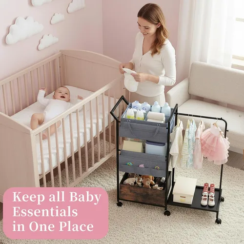 Vista 2 de Organizador de pañales para bebé, carrito rodante de 3 niveles con estante de ropa para niños, carrito de utilidad móvil con divisores y cajones