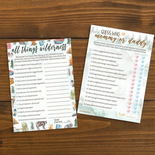 Vista 2 de DISTINCTIVS Little Adventurer - Juego de Baby Shower - ¿Qué hay en tu teléfono y palabras Scramble? 20 tarjetas de doble cara - Juegos de baby