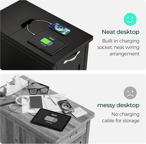 Vista 5 de LINSY HOME - Juego de mesas auxiliares de 2 piezas con estación de carga, mesa auxiliar moderna de estilo granja para sofá, mesa auxiliar de madera