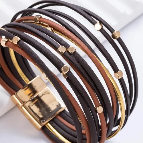 Vista 5 de FANCY SHINY Pulseras de cuero con cuentas, estilo bohemio, apilable, con cierre magnético