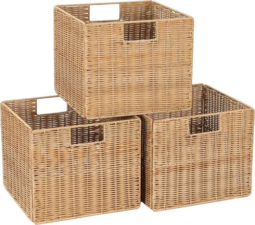 Vista 8 de Cesta de almacenamiento de mimbre, cubo grande de 12 x 12 x 10 pulgadas, mimbre tejido para estantes, despensa, organización de cocina y baño Marrón
